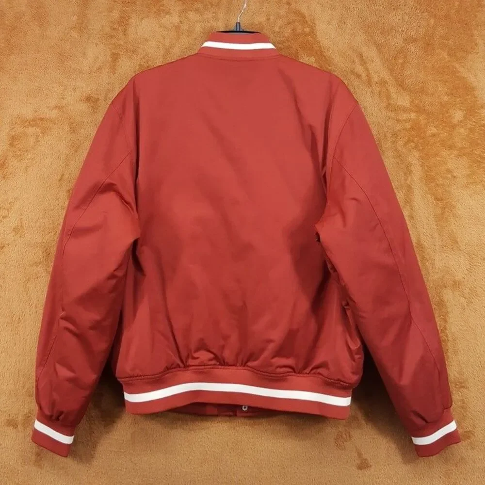 LES DEUX Varsity Jacket Mens Large Red Orange Stripe Tech Quilted Lining $319